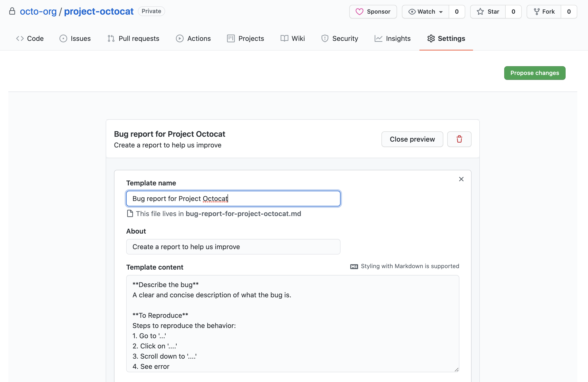 Captura de pantalla del formulario para crear una plantilla de incidencia. Los campos se completan para crear una plantilla denominada "Informe de errores para Project Octocat".