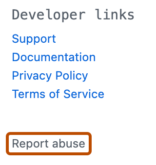 Captura de tela da barra lateral de um aplicativo do GitHub Marketplace. Um link, rotulado como "Relatar abuso", está contornado em laranja escuro.