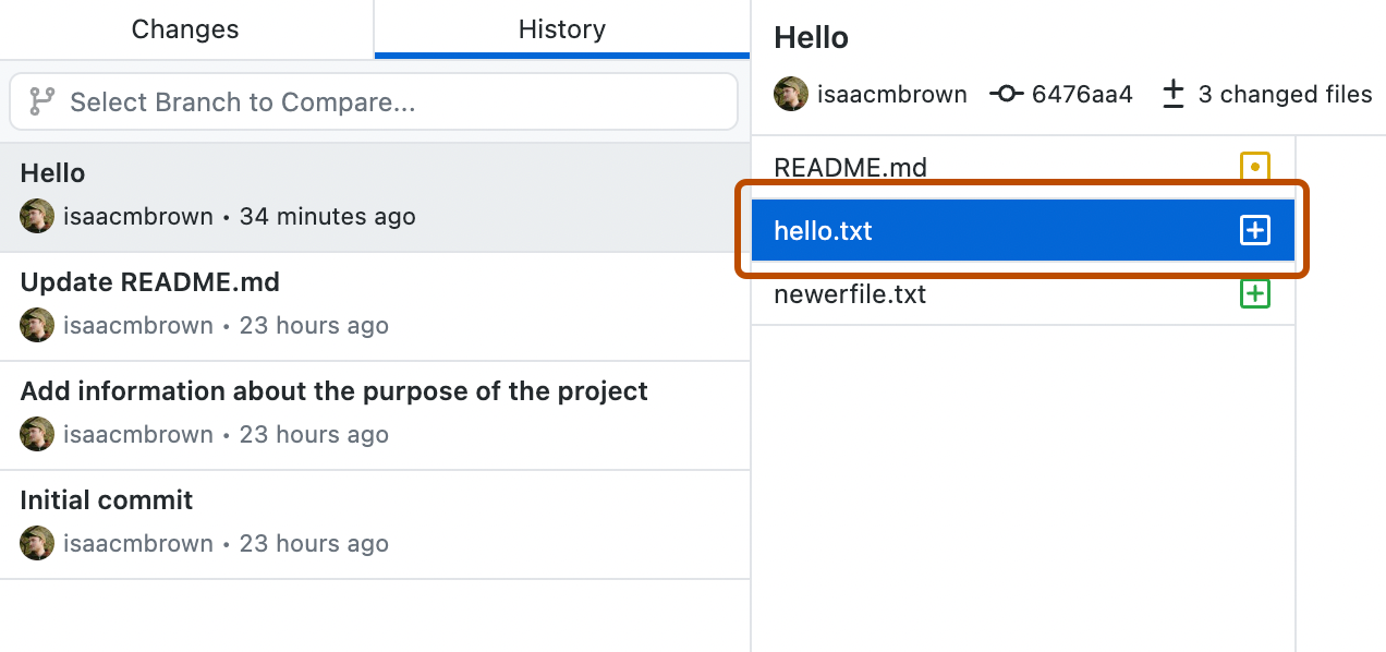 Screenshot einer Commitansicht. Rechts neben der Registerkarte „Verlauf“ wird in einer Dateiliste die Datei „hello.txt“ ausgewählt und ist orange umrandet.