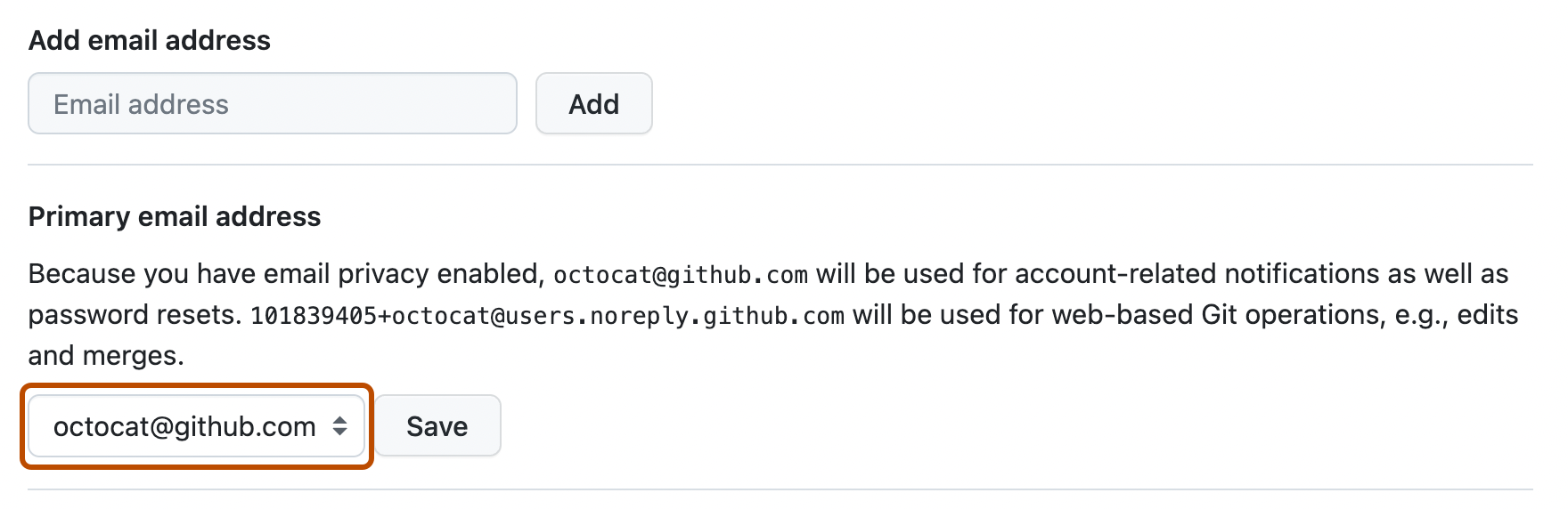 Captura de pantalla de la página de configuración "Correo elecrónico". En "Dirección de correo electrónico principal", un menú desplegable, etiquetado con la dirección de correo electrónico de Octocat, está resaltado en naranja.