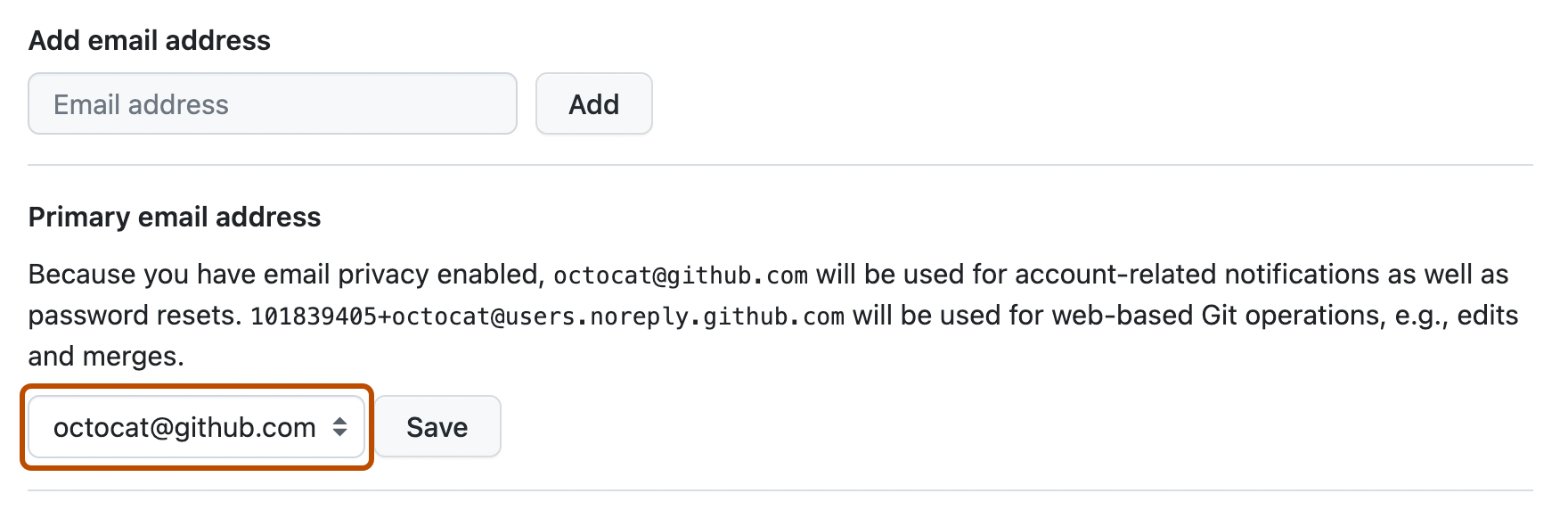 "메일" 설정 페이지의 스크린샷 "기본 메일 주소" 아래에 Octocat의 메일 주소로 레이블이 지정된 드롭다운 메뉴가 주황색으로 표시됩니다.
