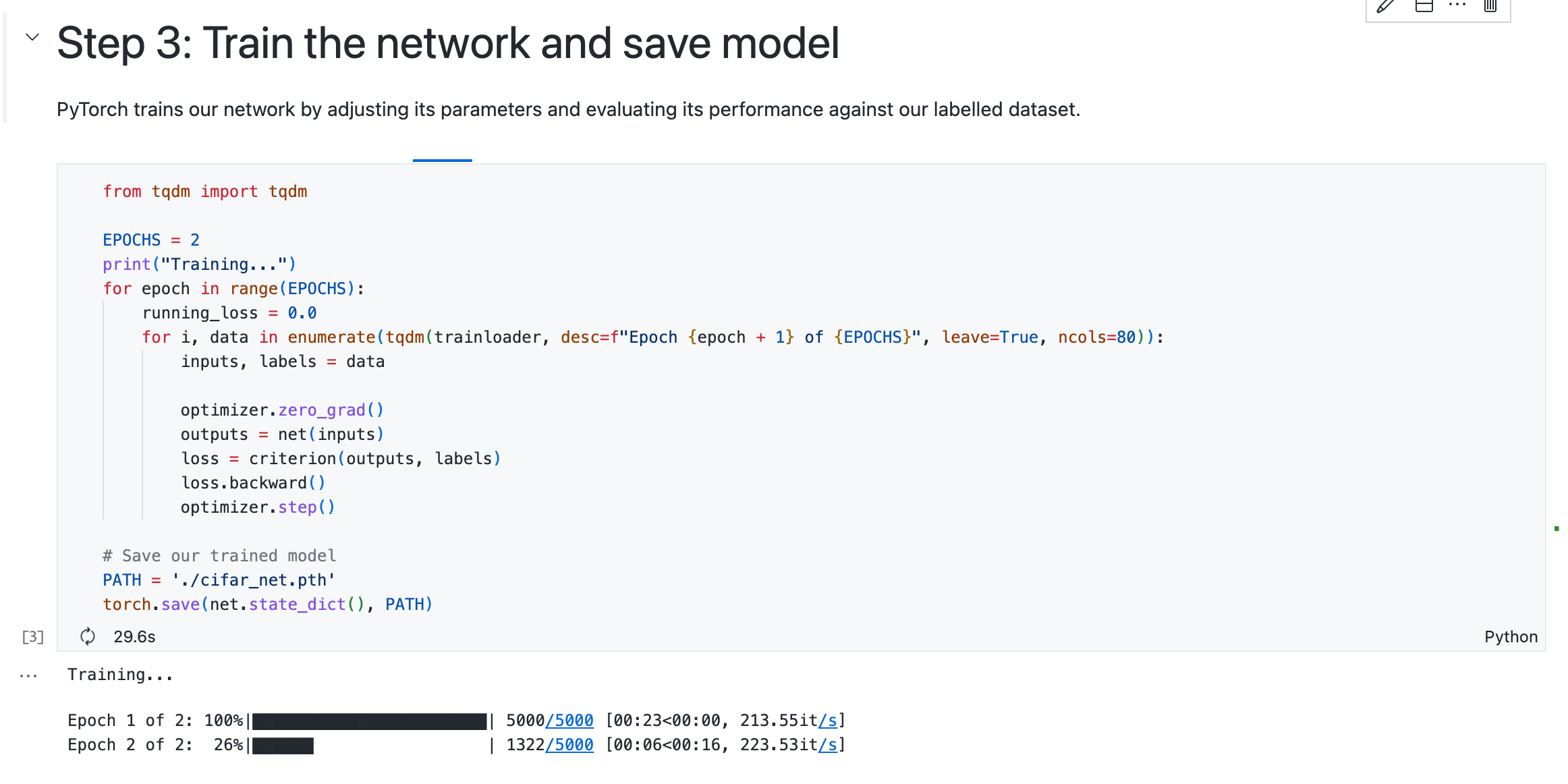 Screenshot of the cell in the editor, with the header "Step 3: Train the network and save model."