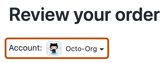 Screenshot des Kaufbildschirms der GitHub Marketplace-App. Ein reduziertes graues Dropdownmenü mit der Beschriftung „Konto“ ist in dunklem Orange eingerahmt.