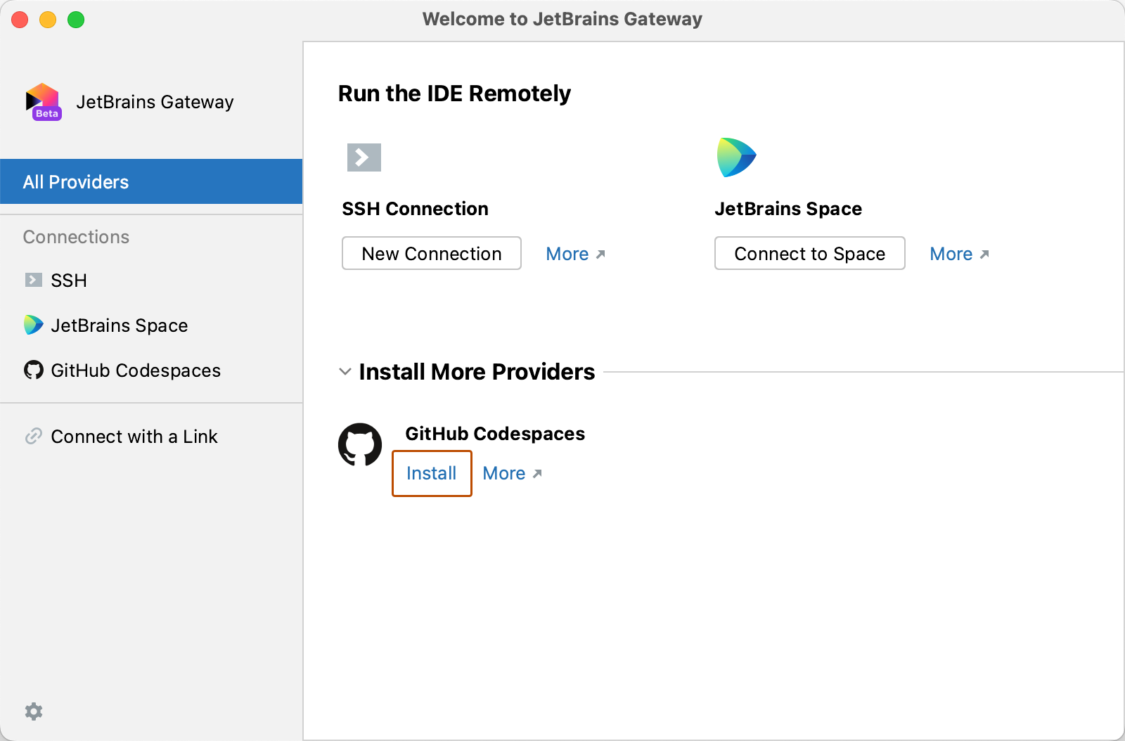 Screenshot der Seite „Willkommen bei JetBrains Gateway“, auf der GitHub Codespaces unter „Weitere Anbieter installieren“ aufgeführt ist.