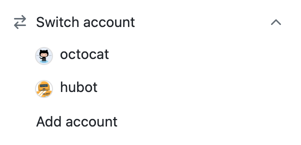 Captura de pantalla del menú "Cambiar cuenta" con tres opciones, "octocat", "hubot" y "Agregar cuenta".