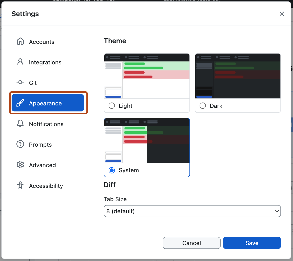 Screenshot of the "Preferences" window. In the left sidebar, the "Appearance" option is highlighted in blue and outlined in orange.