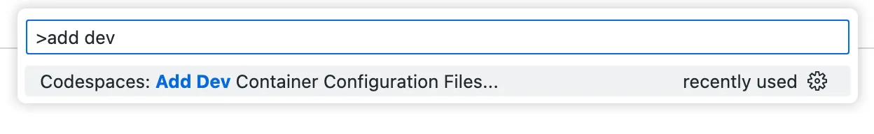 Screenshot of the Command Palette, with "add dev" entered and "Codespaces: Add Dev Container Configuration Files" listed.Click Create a new configuration. https://docs.github.com/assets/cb-12613/mw-1440/images/help/codespaces/add-prebuilt-container-command.webp
