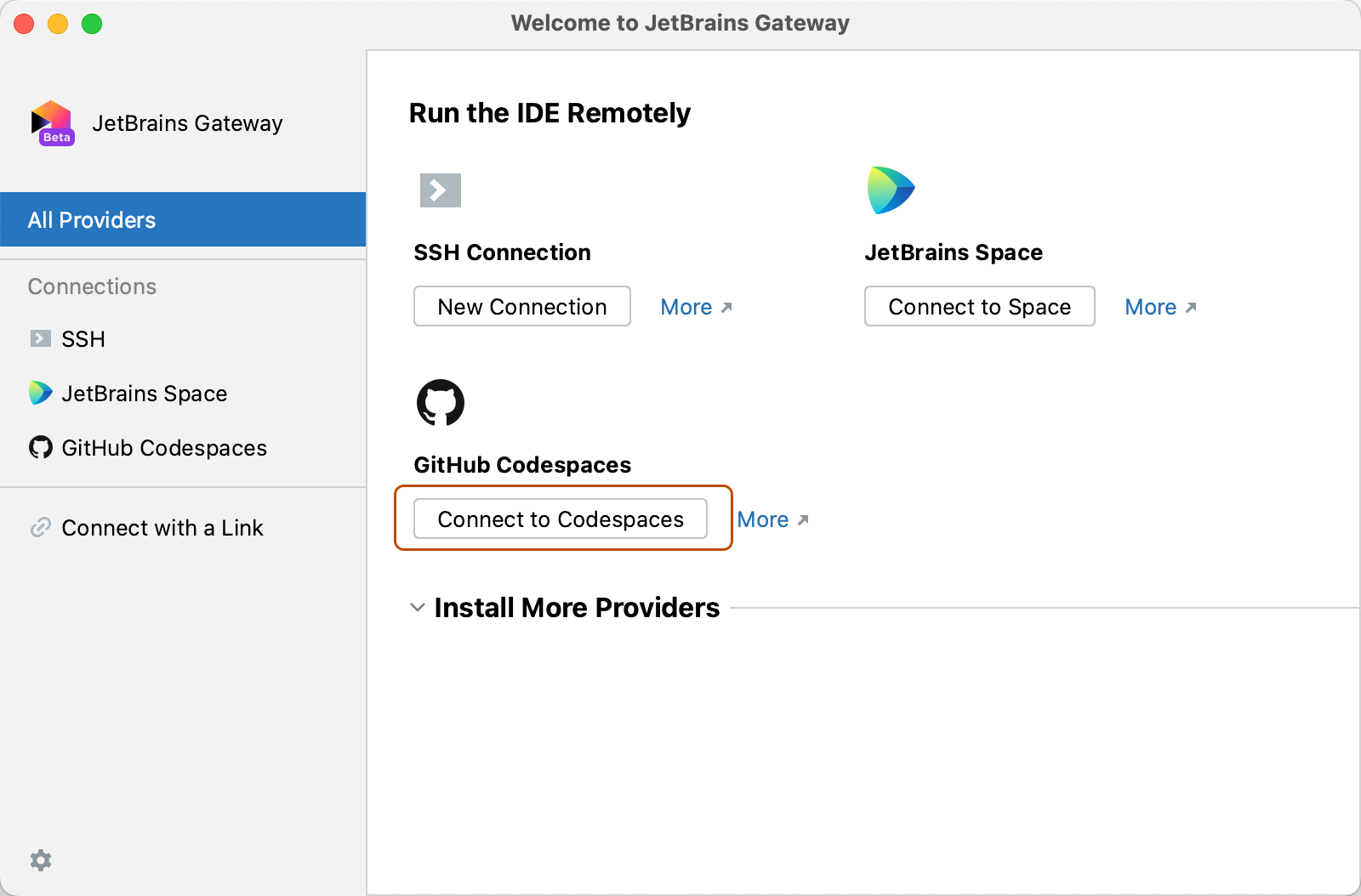 "Codespaces에 연결" 단추를 보여 주는 JetBrains 게이트웨이 홈페이지의 스크린샷.