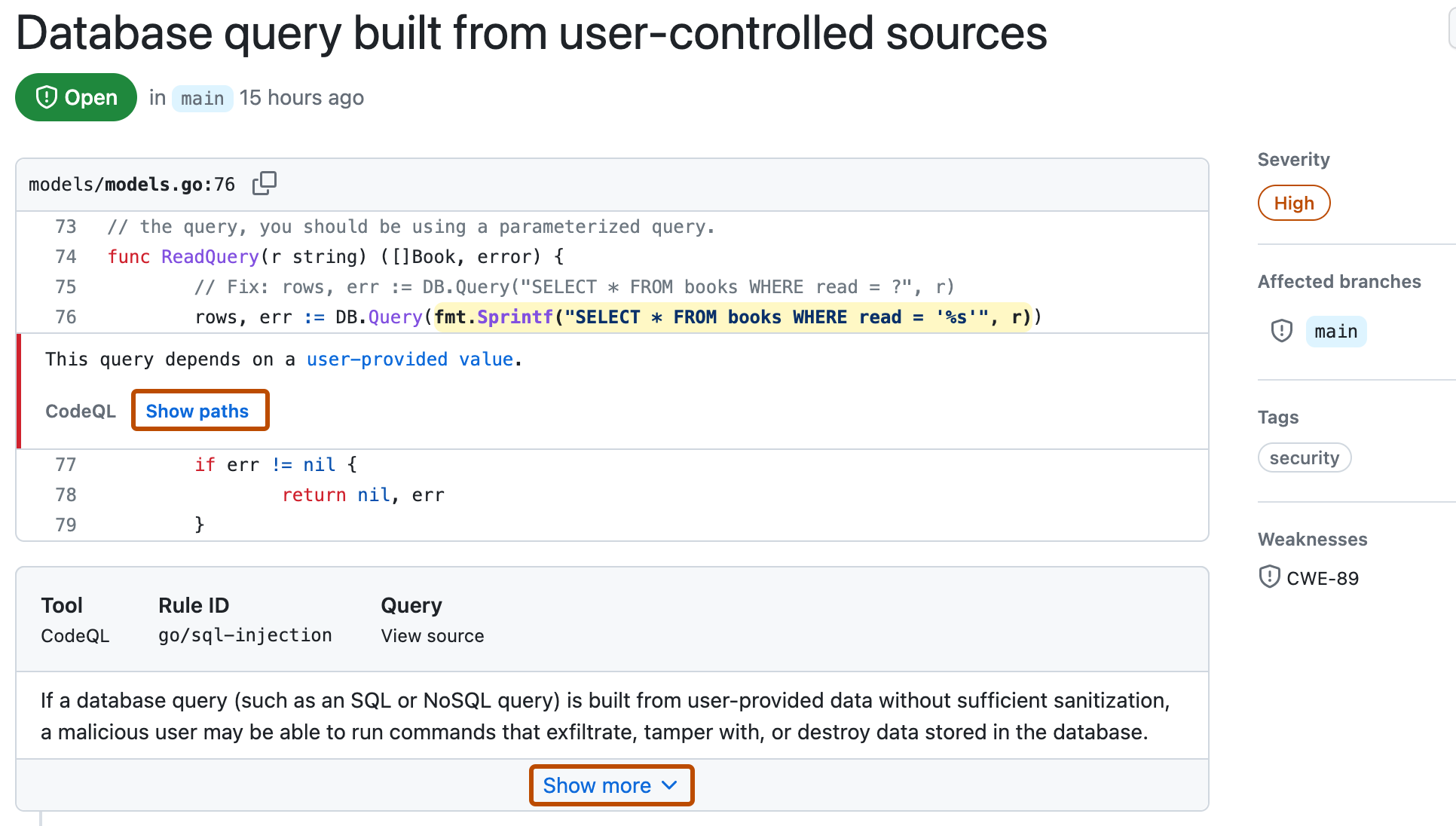 code scanning アラートのスクリーンショット。 [パスの表示] リンクと [その他の表示] リンクは濃いオレンジで囲まれています。