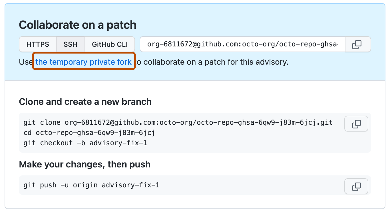 Screenshot of the "Collaborate on a patch" area of a draft security advisory. The "the temporary private fork" link is outlined in dark orange.