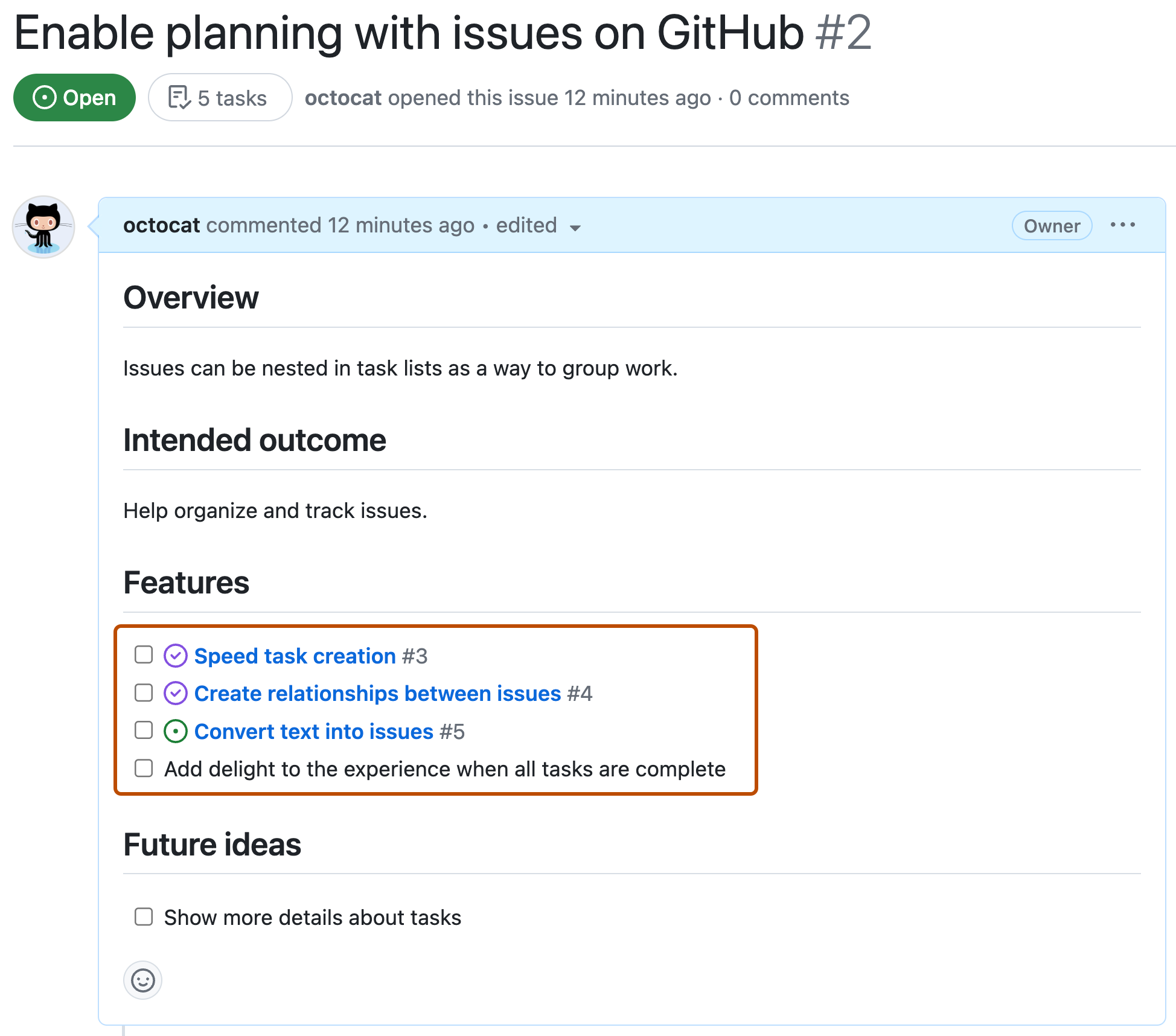 Screenshot eines GitHub-Problems mit einer Aufgabenliste unter der Überschrift „Features“. Einige Elemente werden als „erledigt“, andere als „nicht erledigt“ markiert. Drei Listenelemente sind mit anderen GitHub Issues verknüpft.