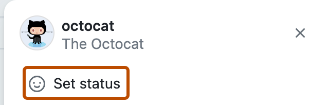 Captura de pantalla del menú desplegable en la imagen de perfil de @octocat. Un icono sonriente y "Establecer estado" se resaltan en naranja oscuro.