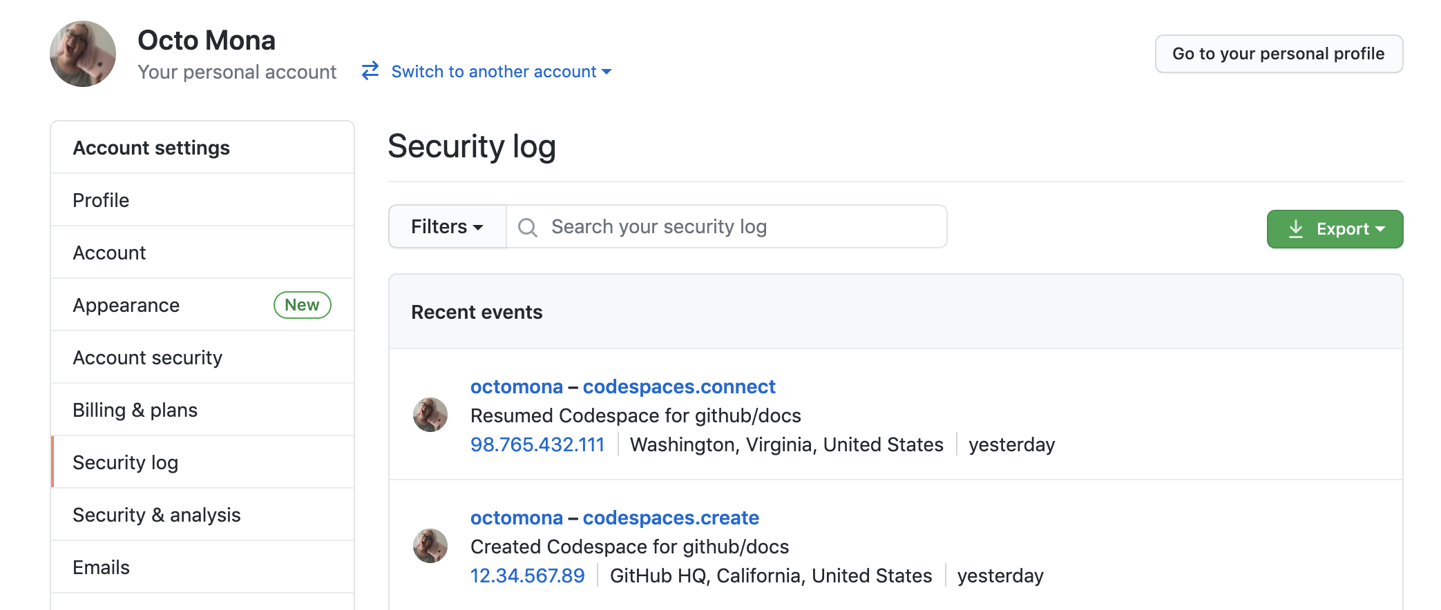 "최근 이벤트" 목록을 보여 주는 "Octo Mona" 사용자의 "보안 로그" 페이지 스크린샷