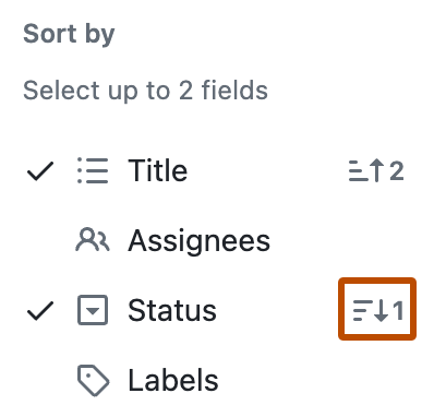 Screenshot of the sort menu. The button to change the direction of the sort for the first sorted field is highlighted with an orange outline.