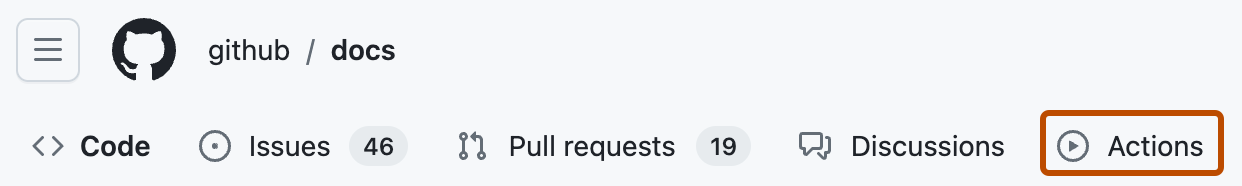 Captura de tela das guias do repositório "github/docs". A guia "Ações" está realçada com um contorno laranja.