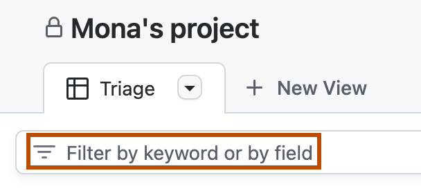 Captura de tela do "projeto do Mona". Um campo rotulado como "Filtrar por palavra-chave ou por campo" está realçado com um contorno laranja.