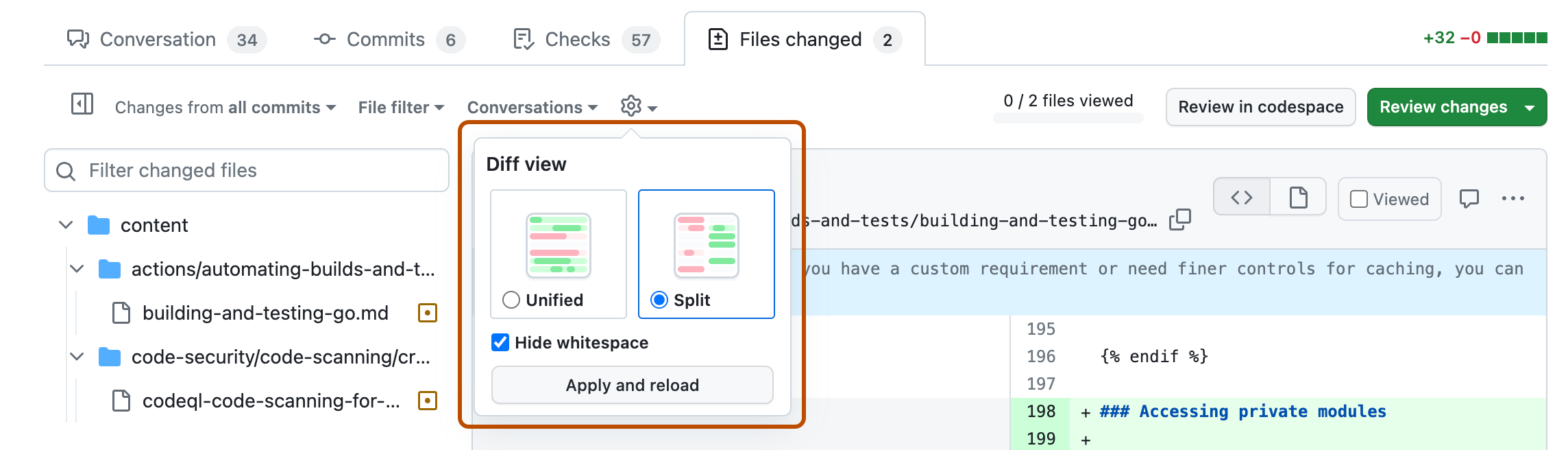 Screenshot: Die Registerkarte „Geänderte Dateien“ für einen Pull Request. Das Menü „Vergleichsansicht“ ist dunkelorange umrandet.