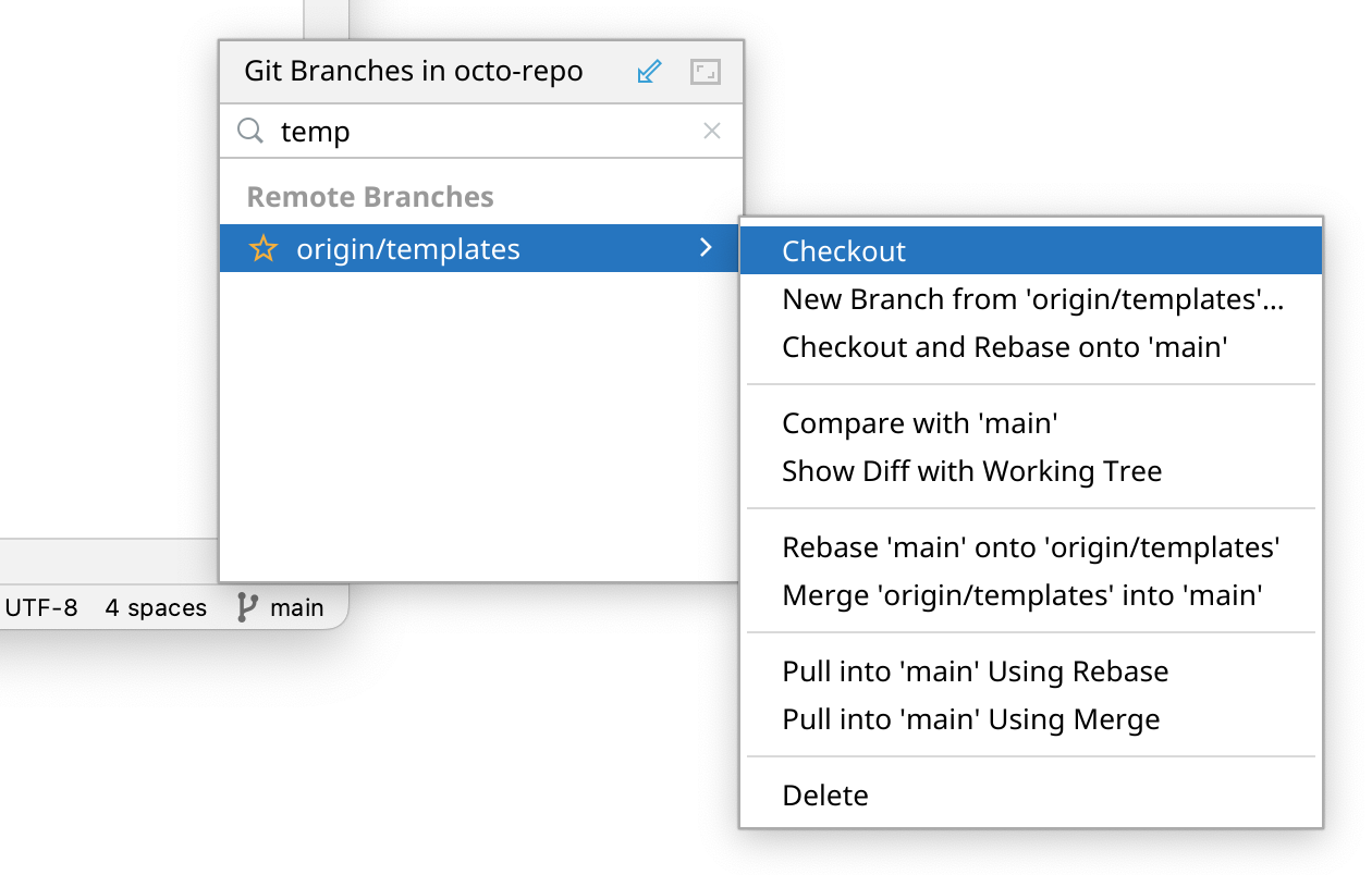 Screenshot des Popupmenüs „Branches“ mit ausgewähltem Branch „origin/templates“ und ausgewählter Option „Auschecken“ im Untermenü
