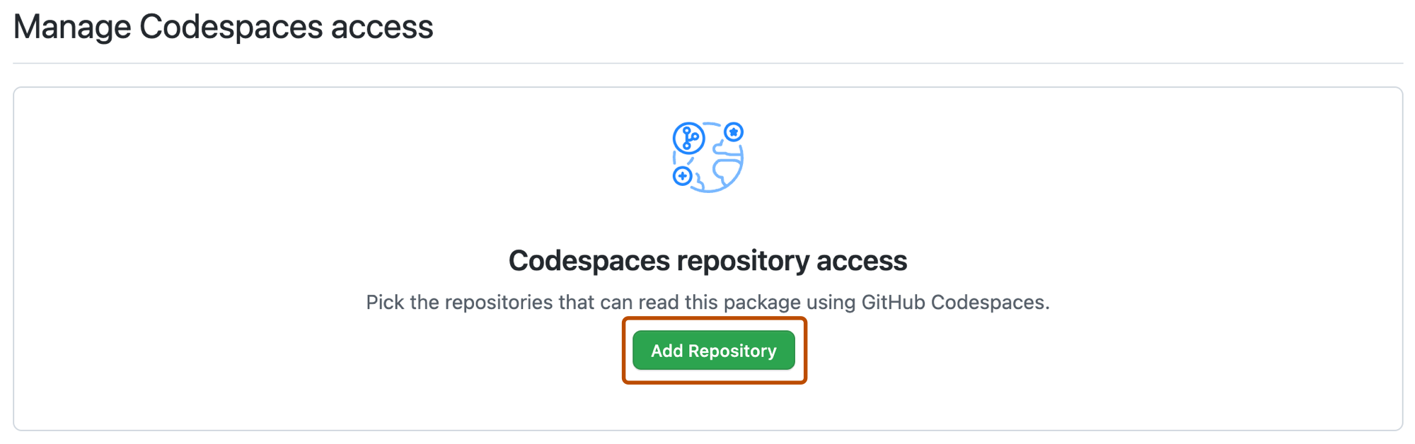 Снимок экрана: раздел "Управление доступом к Codespaces" на странице параметров пакета. Кнопка "Добавить репозиторий" выделена оранжевым контуром.