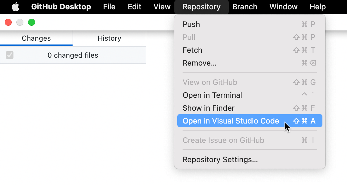 Mac의 메뉴 모음 스크린샷입니다. 열려 있는 "리포지토리" 드롭다운 메뉴에서 커서가 파란색으로 강조 표시된 "Visual Studio Code에서 열기" 위로 이동합니다. 