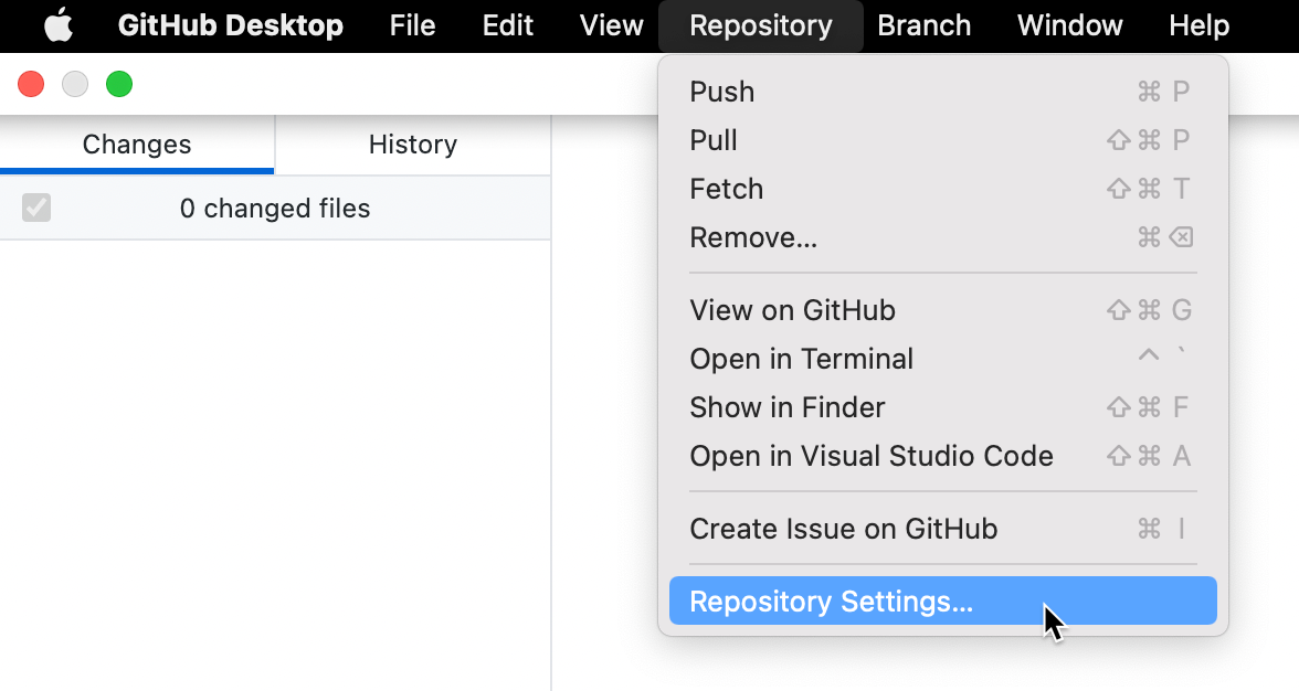 Screenshot der Menüleiste auf einem Mac. Im erweiterten Dropdownmenü „Repository“ wird ein Cursor auf „Repositoryeinstellungen“ bewegt, was blau hervorgehoben ist.