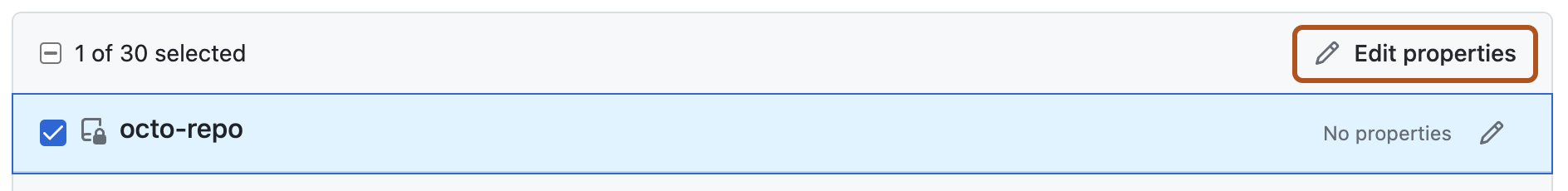 Captura de pantalla de la página de configuración de valores para repositorios. Un botón, etiquetado con un icono de lápiz y «Editar propiedades», está resaltado con un contorno naranja.