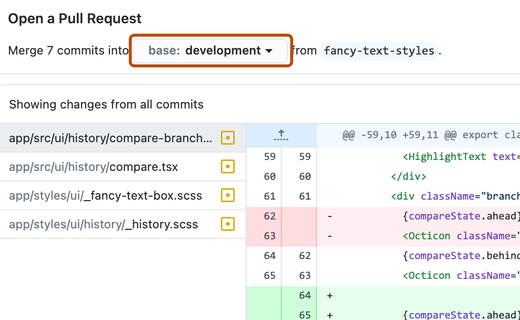 "끌어오기 요청 열기" 대화 상자 창의 스크린샷 "base: development"라는 레이블이 지정된 드롭다운 아이콘이 있는 단추는 주황색으로 표시됩니다.