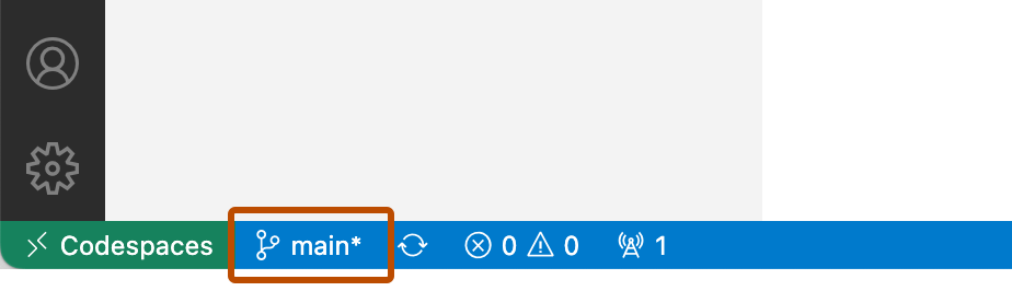 Screenshot, der den Branchnamen auf der Statusleiste von VS Code anzeigt.