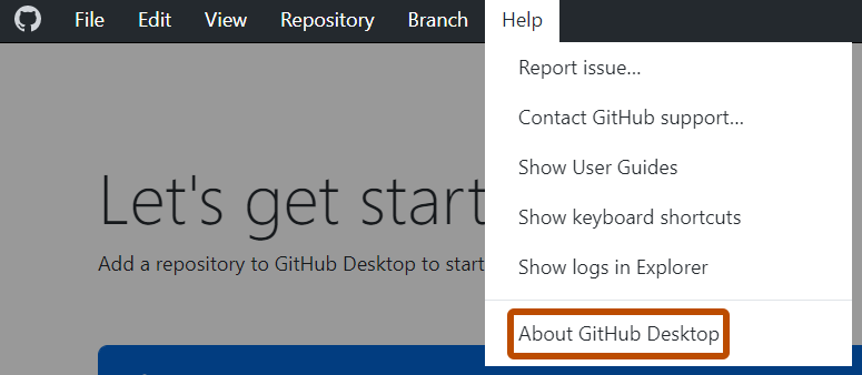 Windows의 "GitHub Desktop" 메뉴 모음 스크린샷 열려 있는 "도움말" 드롭다운 메뉴에서 "GitHub Desktop 정보"라는 옵션이 주황색으로 표시됩니다.