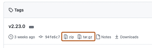 存储库的“标记”页面的屏幕截图。 zip 和 tar.gz 选项均以深橙色框突出显示。
