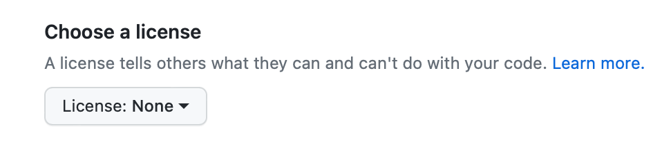 Capture d’écran de la section « Choisir une licence » de la page du nouveau dépôt, avec un menu déroulant intitulé « Licence ».