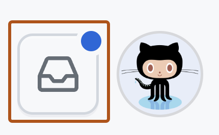 Capture d’écran du coin droit de l’en-tête de GitHub. Une icône de cloche avec un point bleu indiquant les notifications non lues est encadrée en orange foncé.