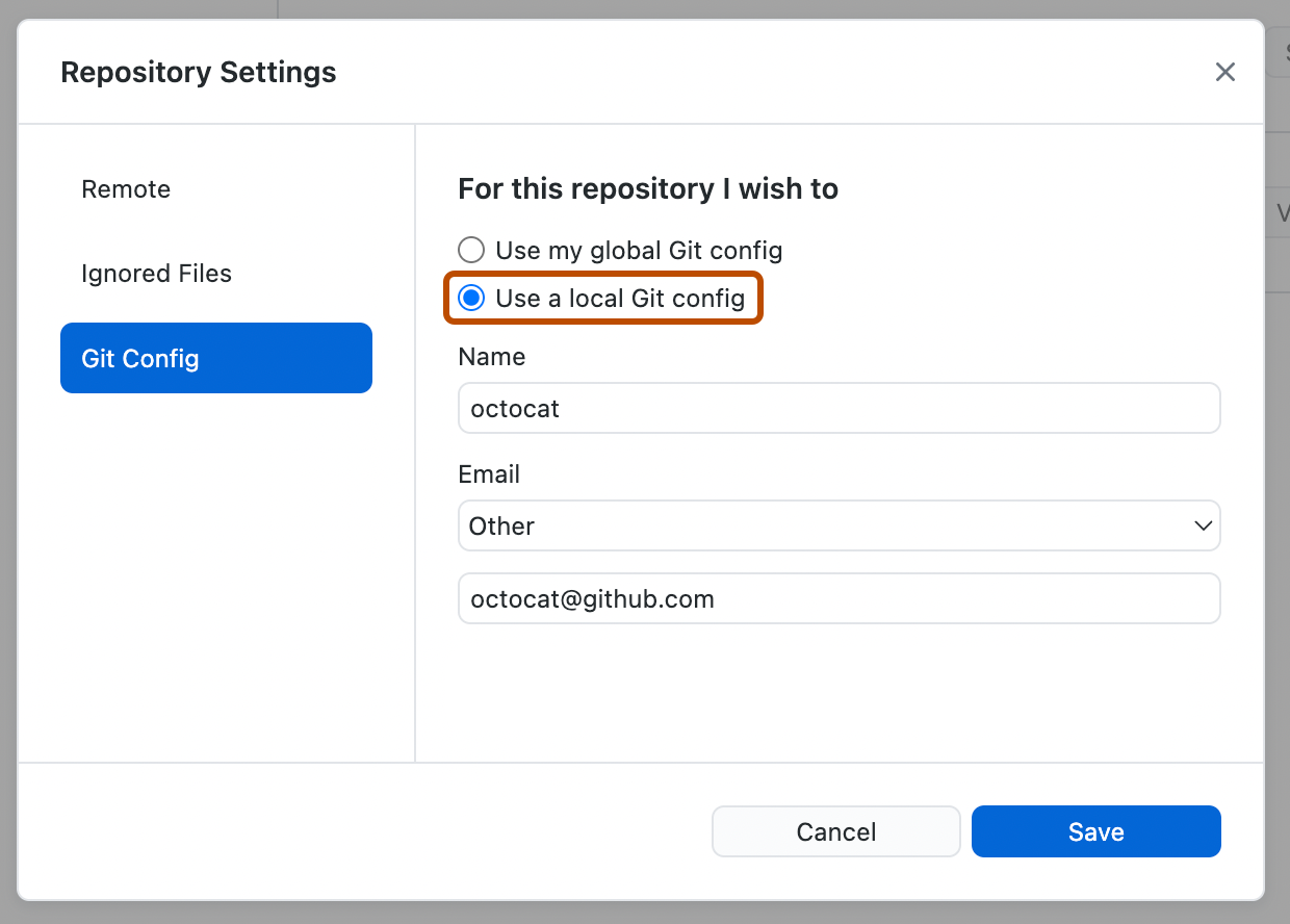 Capture d’écran du volet « Configuration Git » dans la fenêtre « Paramètres du dépôt ». Une case d’option sélectionnée, intitulée « Utiliser une configuration Git locale », est encadrée en orange.