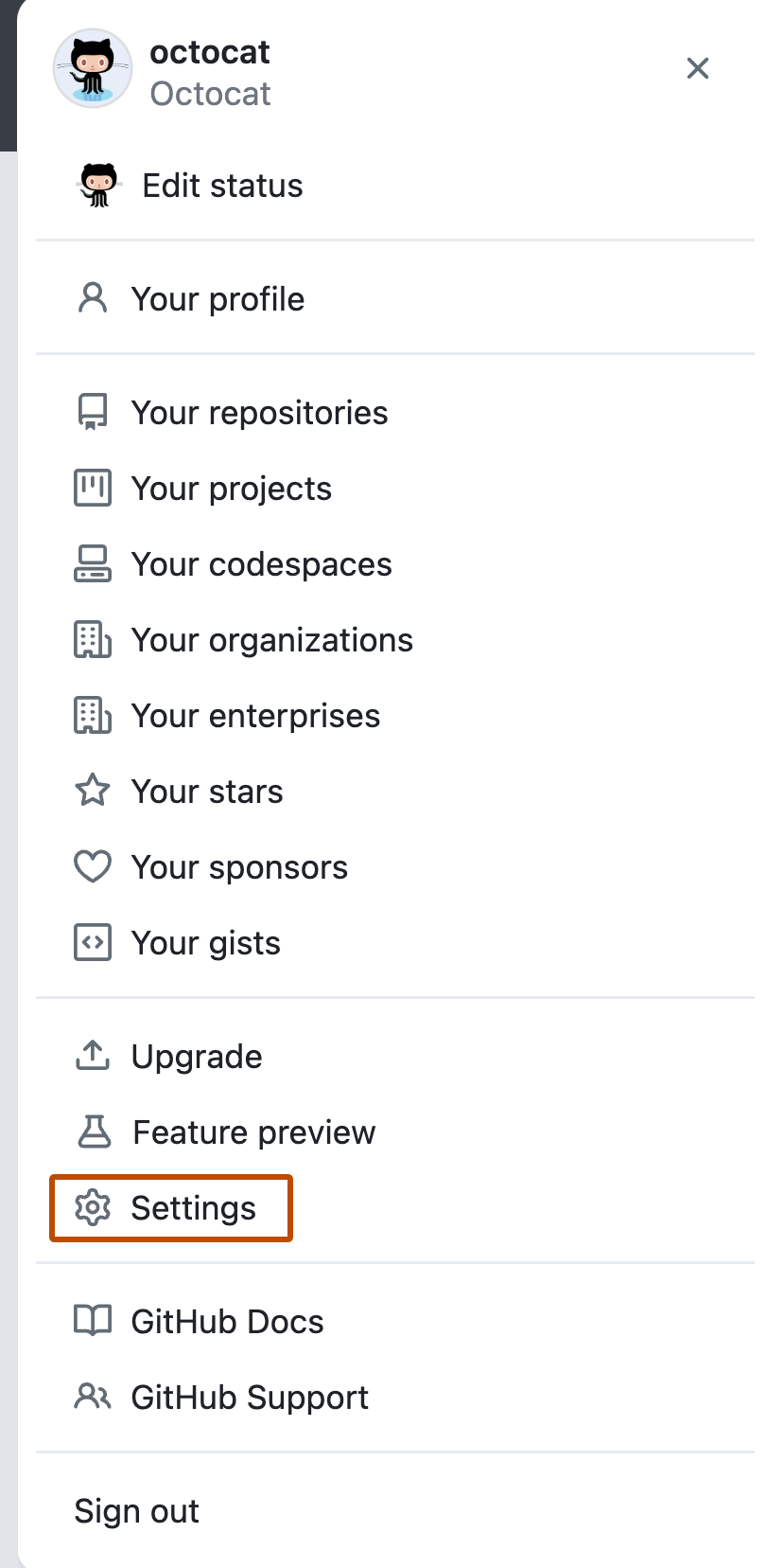 사용자가 프로필, 콘텐츠 및 설정을 보고 편집할 수 있는 옵션을 보여 주는 GitHub의 계정 메뉴 스크린샷 메뉴 항목 "설정"은 진한 주황색으로 표시됩니다.