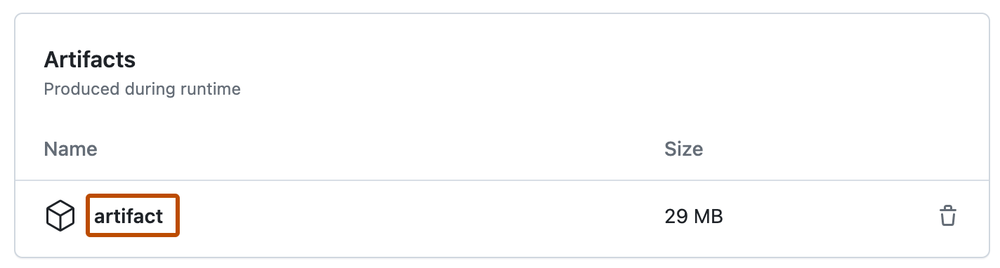 Captura de pantalla de la sección "Artefactos" de una ejecución de flujo de trabajo. El nombre del artefacto generado por la ejecución, "artefacto", se resalta con un contorno naranja oscuro.