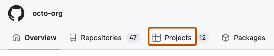 Captura de pantalla de la barra de navegación de una cuenta. Una pestaña, etiquetada con un icono de tabla y "Proyectos", tiene un contorno naranja oscuro.