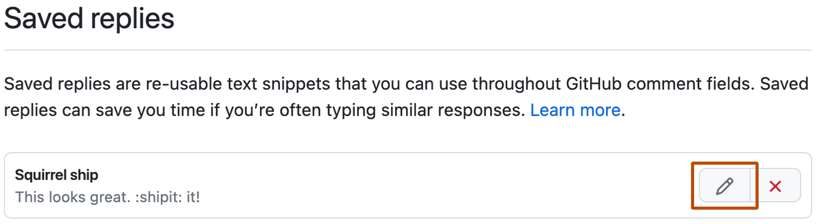 Screenshot der GitHub-Einstellungen für „Gespeicherte Antworten“. Rechts neben der gespeicherten Antwort „Versenden“ ist eine Schaltfläche zum Bearbeiten mit einem Stiftsymbol in dunklem Orange eingerahmt.