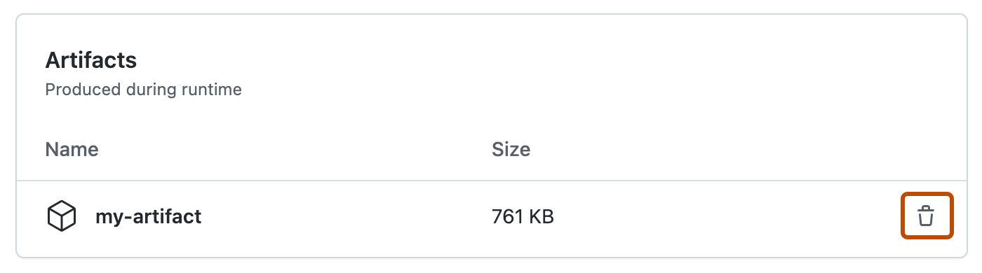 Captura de tela mostrando artefatos criados durante uma execução de fluxo de trabalho. Um ícone de lixeira, usado para remover um artefato, está realçado em laranja escuro.