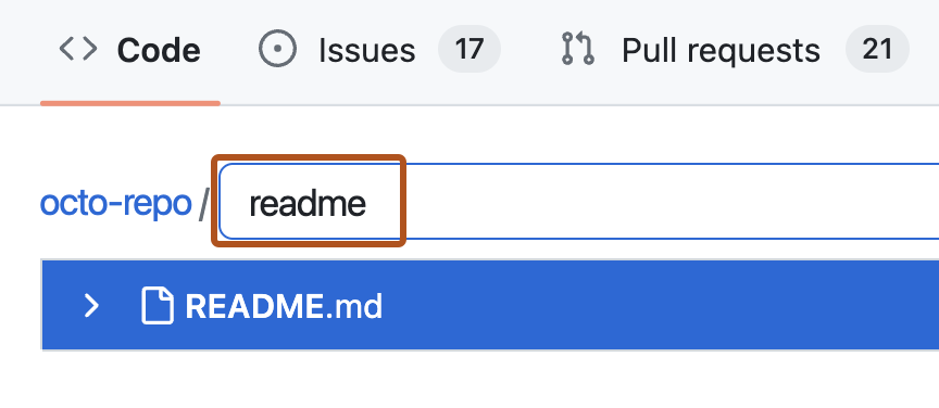리포지토리에서 파일을 찾기 위한 검색 창의 스크린샷. 검색 창에 "readme"라는 용어가 포함되며 검색 창 아래에는 검색 결과인 "README.md" 파일에 대한 링크가 있습니다. 검색 창이 진한 주황색 윤곽선으로 표시되어 있습니다.