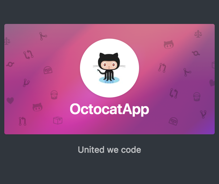 Captura de tela de um cartão de recurso do OctocatApp. O nome do aplicativo e um ícone do Mona são exibidos em uma tela de fundo rosa, acima da descrição "United we code".