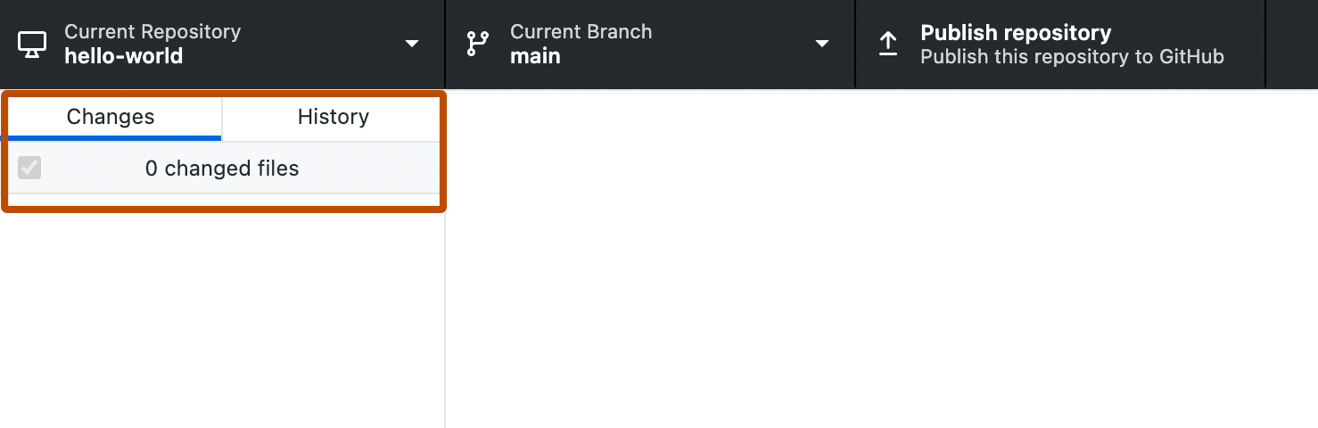 GitHub Desktop 앱의 스크린샷 왼쪽의 사이드바에는 "변경 내용" 및 "기록"이라는 레이블이 지정된 탭이 주황색 윤곽선으로 강조 표시됩니다.