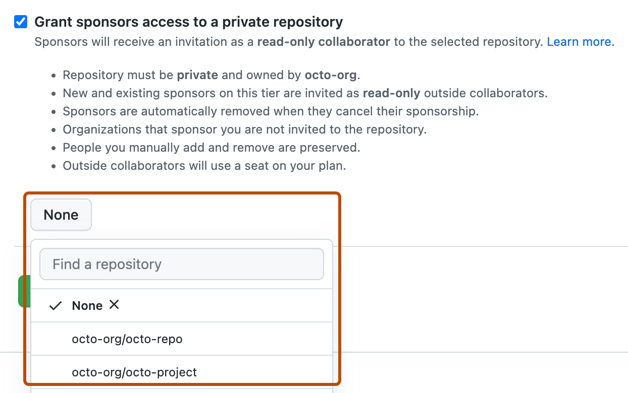 Screenshot of a sponsor tier editing screen. An expanded dropdown menu of repositories you can grant sponsors access to is outlined in dark orange.