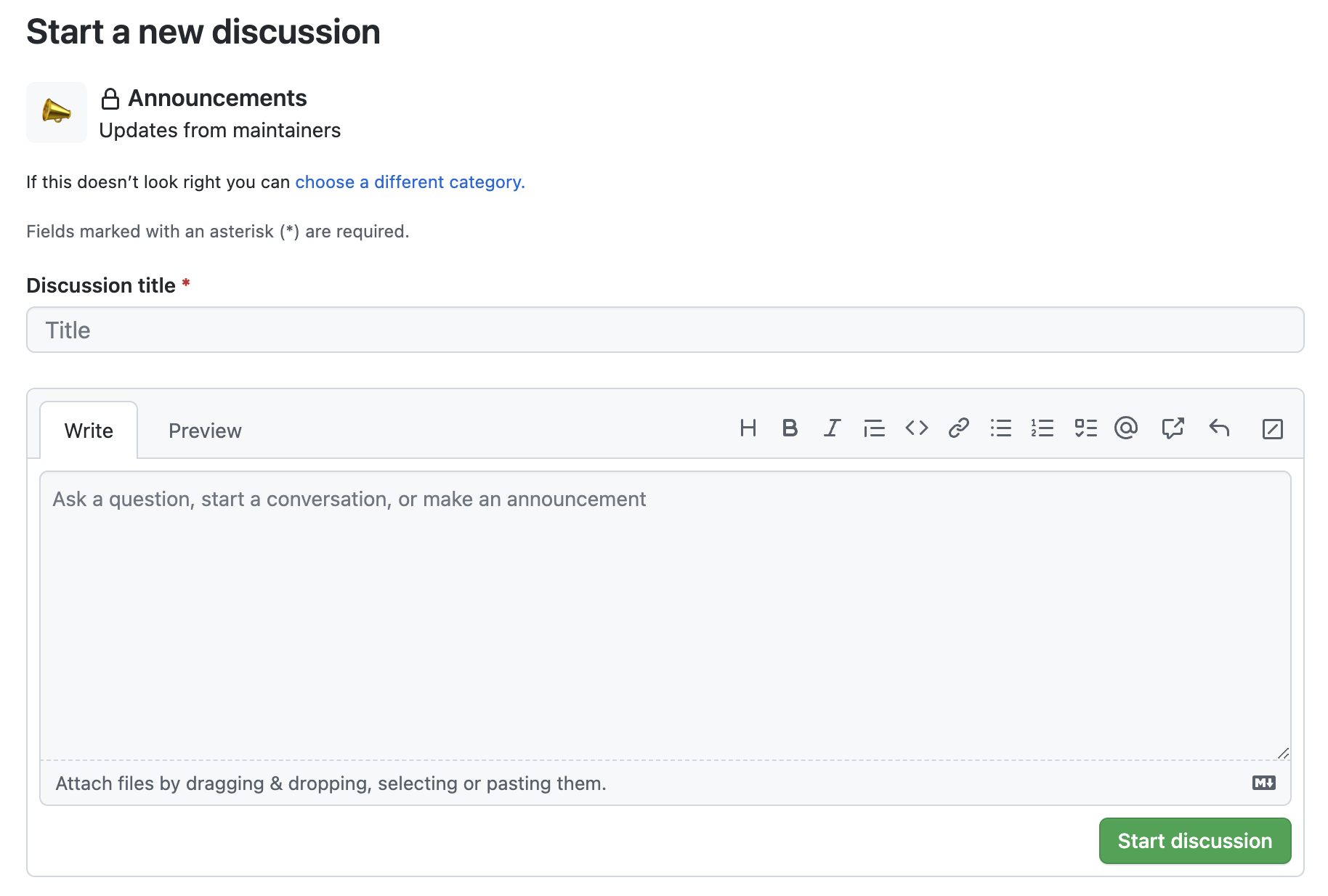 Screenshot of the text fields for the title and body for a new discussion.