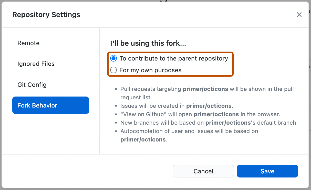Screenshot of the "Fork Behavior" pane. Two radio buttons, labeled "To contribute to the parent repository" and "For my own purposes", are outlined in orange.