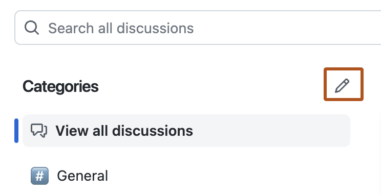Capture d’écran du menu « Catégories » de la page Discussions. L’icône représentant un crayon pour modifier les catégories, est mise en évidence à l’aide d’un rectangle orange.