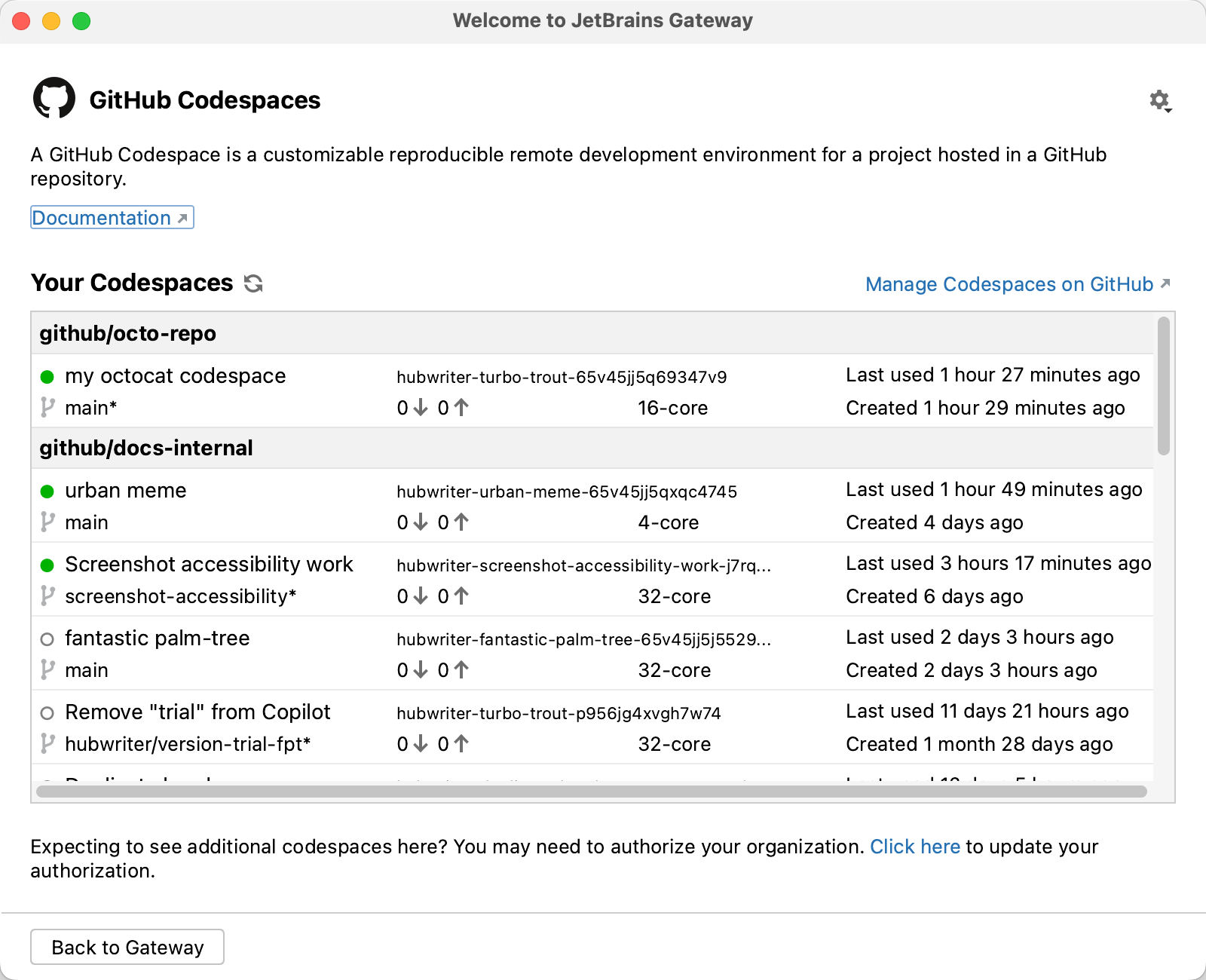 Screenshot of the JetBrains Gateway codespace list