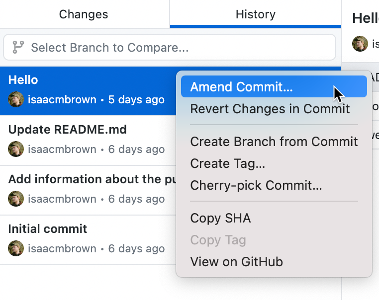 Captura de tela de uma lista de commits na guia "Histórico". Ao lado de um commit, em um menu de contexto, o cursor passa sobre "Alterar commit".