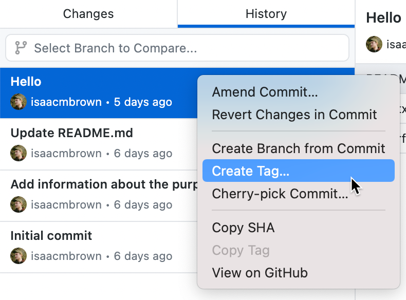 Screenshot of a list of commits in the "History" tab. Next to a commit, in a context menu, the cursor hovers over the "Create Tag" option.