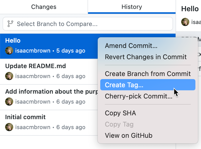 Screenshot einer Liste von Commits auf der Registerkarte Verlauf. Neben einem Commit zeigt der Cursor im Kontextmenü auf die Option „Tag erstellen“.