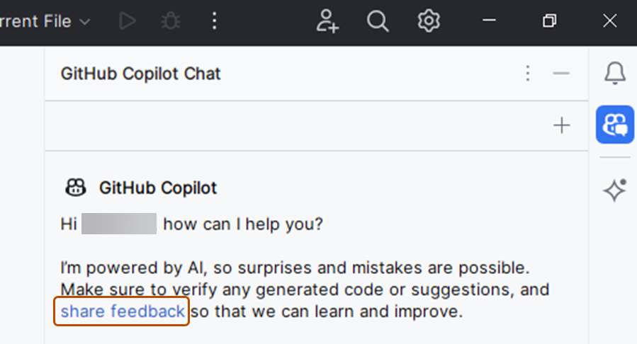 GitHub Copilot Chat 窗口中共享反馈链接的屏幕截图。